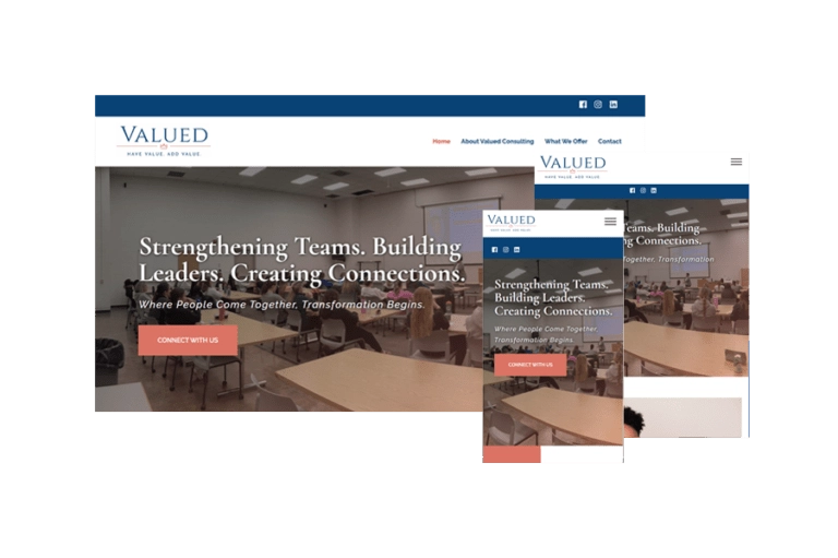 Three views of the Valued Consulting homepage on each of a desktop, tablet and mobile screen.