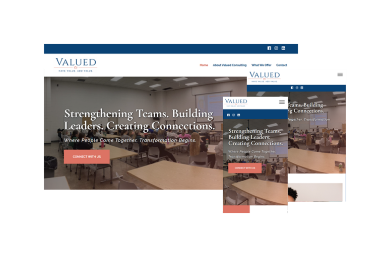 Three views of the Valued Consulting homepage on each of a desktop, tablet and mobile screen.